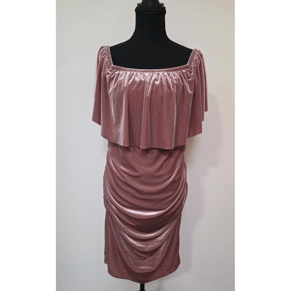 Women's My Bump Off-Shoulder Velvet Fitted Soft Stretch Maternity Dress Pink Lg